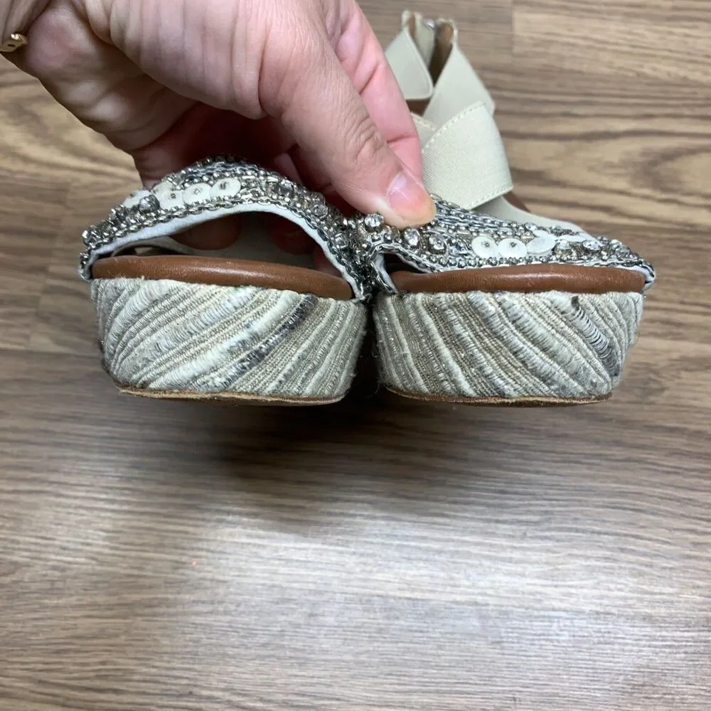 Donald Pliner Espadrille‎ Wedge Shoes 6.5 M Ankle Strap Sandals Beige Sequin
